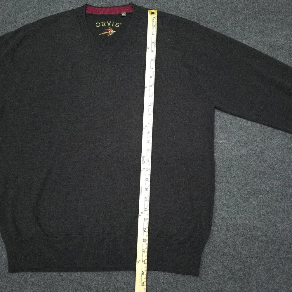 Vintage ORVIS 100% Merino Wool V-Neck Men's Large Charcoal Gray Pullover Sweater